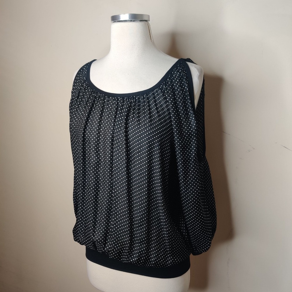Bailey 44 Cold Shoulder Silk Blouse Top Black Polka Dots